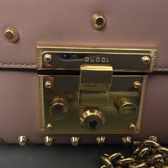 Gucci Pearl Studded Padlock Chain Pink Leather Crossbody Shoulder Bag Purse - Picture 2 of 11